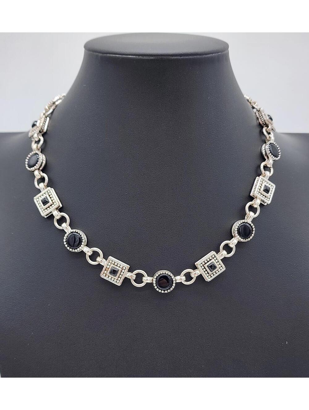 Napier Signed Silver Tone Black Cabochon Geometric Link Necklace 18.5in 90s Y2K